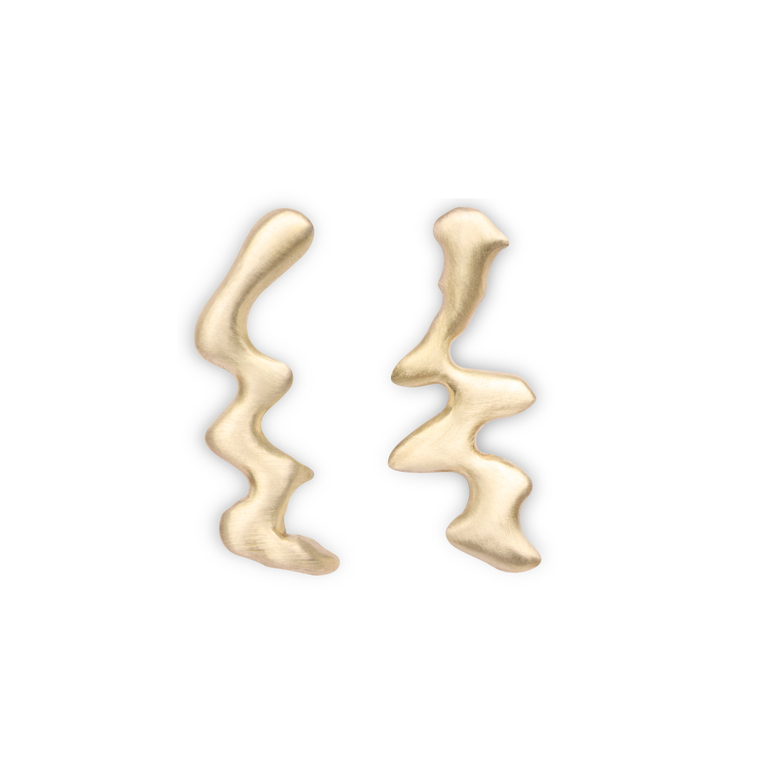 Blaze Studs by Madeleine Sculptural Jewellery—abstract, wavy gold earrings with an organic, irregular form—are exquisitely handmade and displayed on a plain white background.