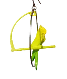 The Citrus Origami Parrot Earrings by Tochu-De feature yellow and green birds with gold accents on perches inside circular hoops, resembling 3D-printed art, displayed against a white background.