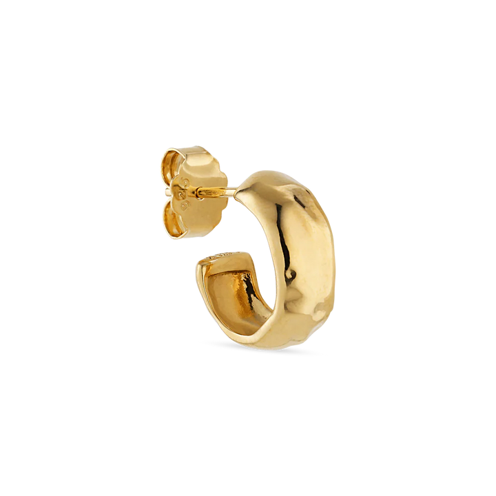 The Jane Koenig Bruised Heart Hoop is a small, chunky gold-plated earring featuring a textured finish and butterfly back, shown on a plain white background.