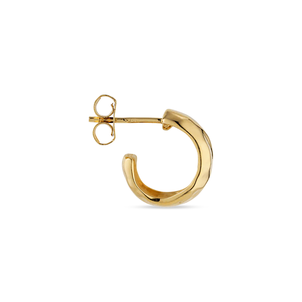 A single Jane Koenig Bruised Heart Hoop earring features a thick, slightly irregular gold plated band and a post back, shown against a plain white background.