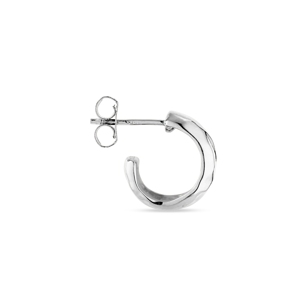 A single Jane Koenig Bruised Heart Hoop earring in sterling silver with a subtle twisted design, shown from the side on a plain white background.