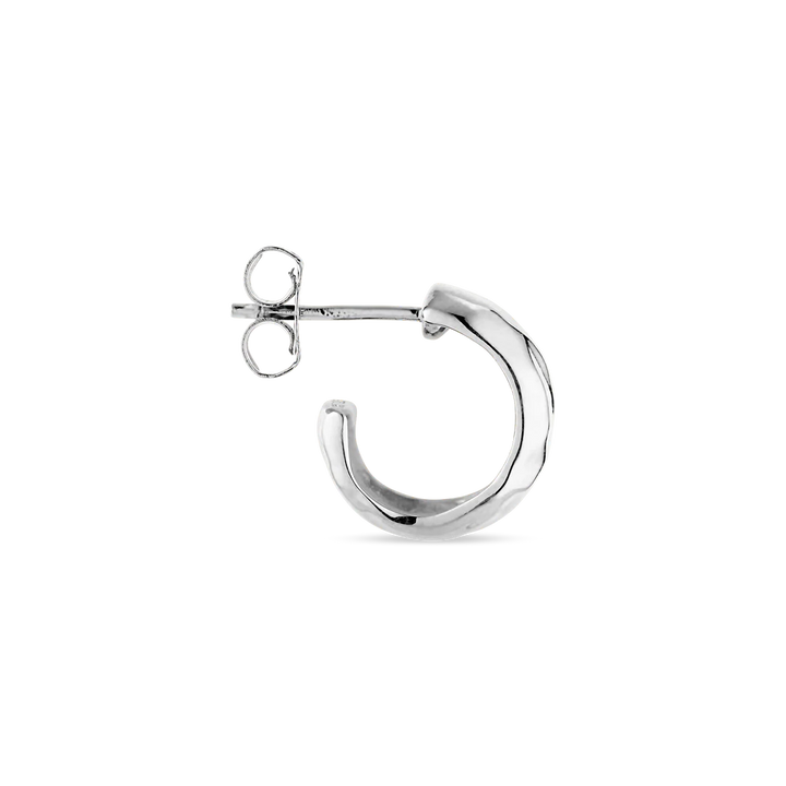 A single Jane Koenig Bruised Heart Hoop earring in sterling silver with a subtle twisted design, shown from the side on a plain white background.