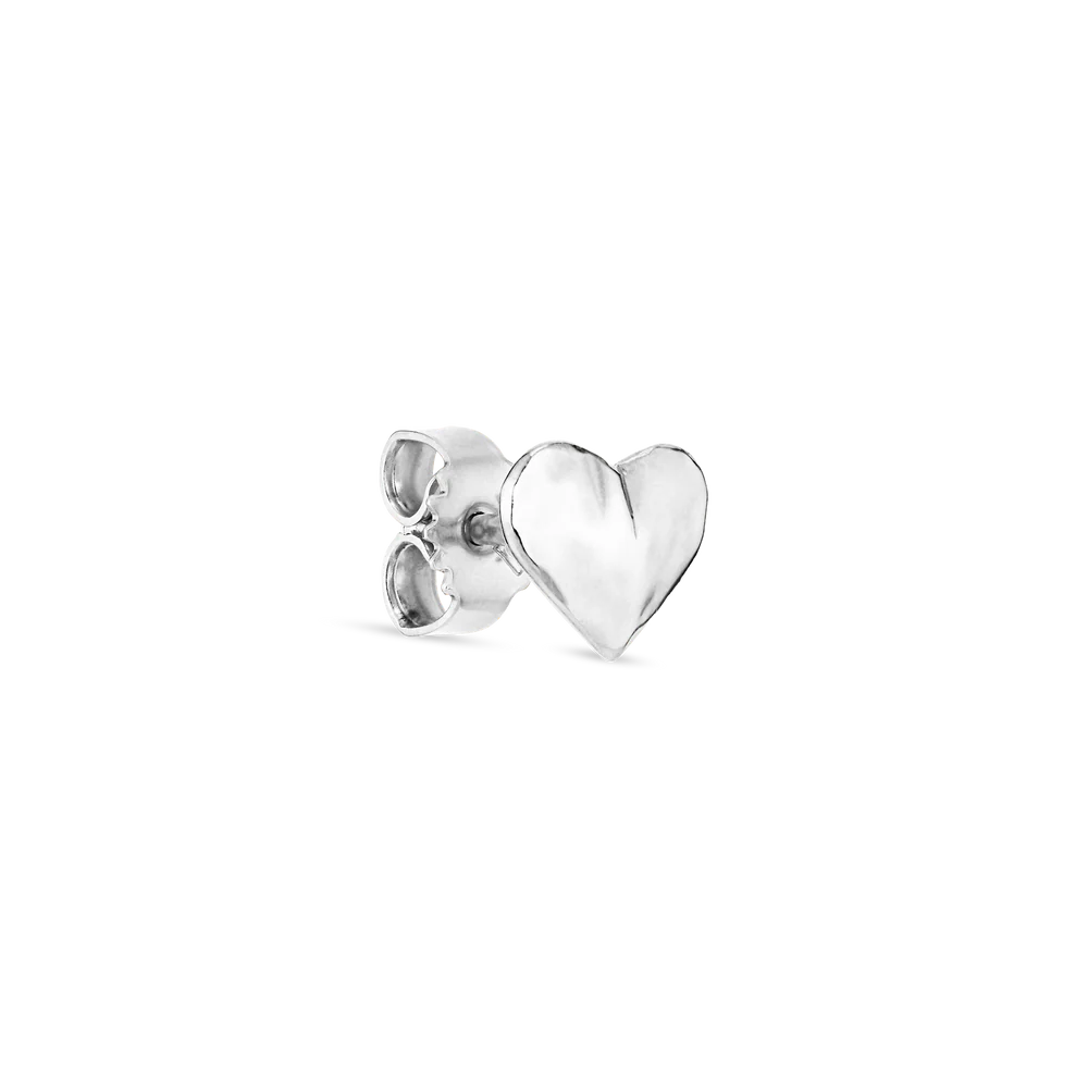 The Jane Koenig Bruised Heart Stud is a small sterling silver ear stud with a polished, shiny finish, displayed against a plain white background.