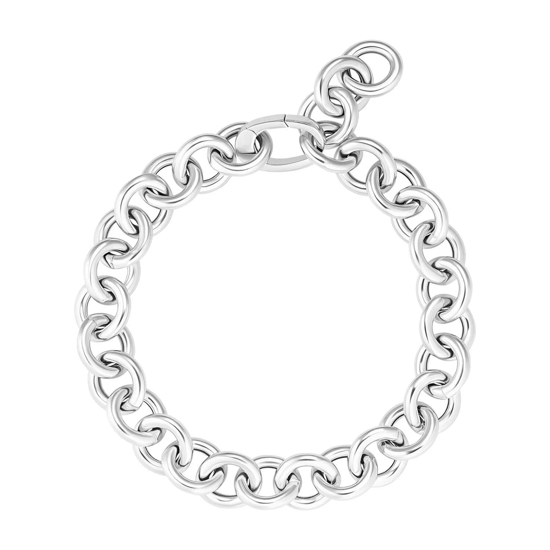 The Carrara Bracelet Silver by Sif Jacobs features large, round interlocking links in 925 sterling silver, displayed circularly on a white background with its clasp shown at the top of this elegant demi-fine piece.