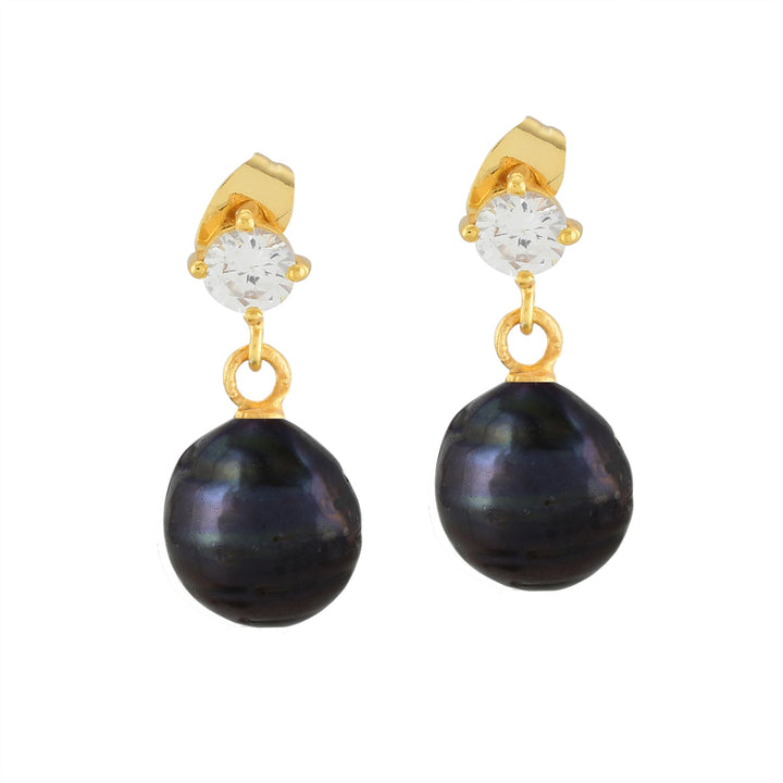 The Shyla Cassandra Earrings in various colours showcase gold on sterling silver, with a clear round gemstone above each dark freshwater pearl for an elegant drop design.