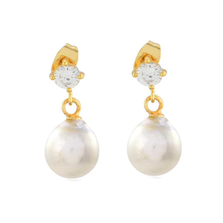 The Shyla Cassandra Earrings in various colours feature a round clear gemstone atop sterling silver with gold plating and a large dangling freshwater pearl below.