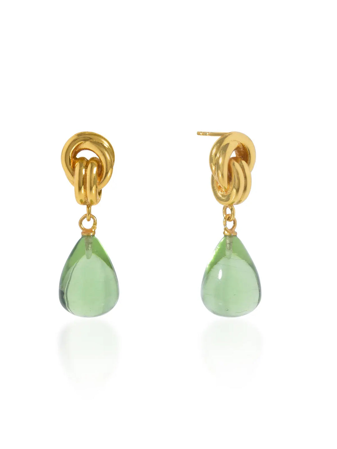 Shyla’s Chunky Knot Earrings in gold-over-silver feature a bold knot stud and dangling teardrop-shaped green gemstones, shown on a white background. Hypoallergenic and stylish, these earrings blend comfort with everyday elegance.