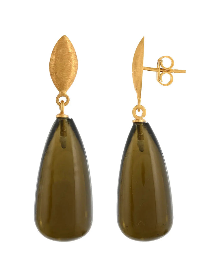 The Corine Earrings by Shyla, shown in gold on silver with matte leaf-shaped studs and dark teardrop pendants, combine hypoallergenic comfort with elegant style—ideal for sensitive ears. Available in various colours.