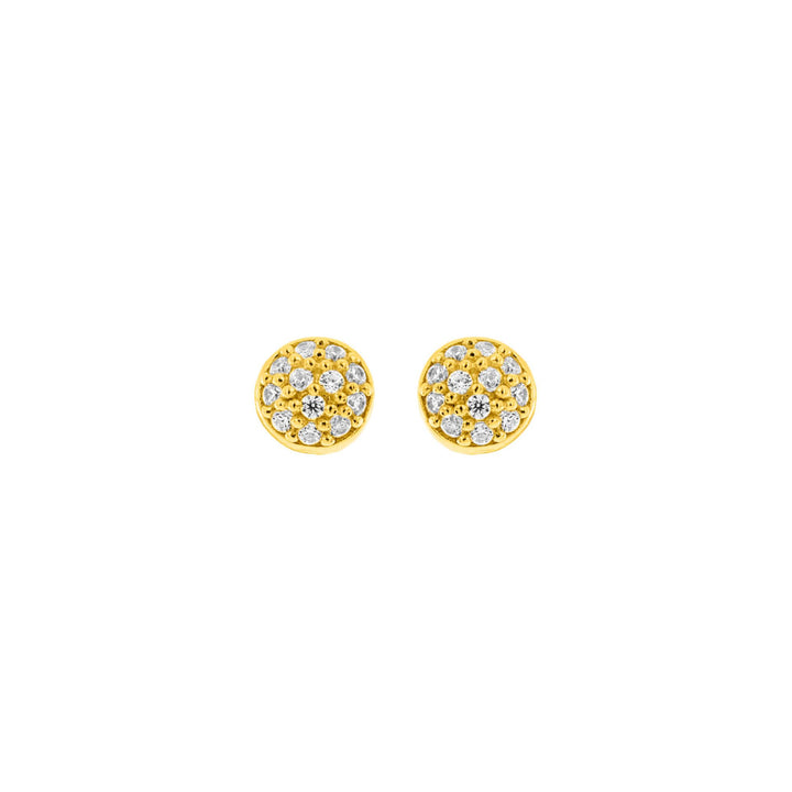 The Tezer Stud Earrings with Cubic Zirconia feature a round, gold plated design adorned with clustered clear cubic zirconia gemstones in a floral pattern, showcased on a white background.