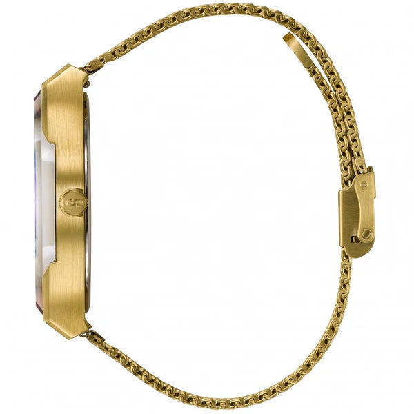 Side view of a gold-tone Storm Cirero Gold Watch by Storm Watches with a chain-link bracelet and a clasp. The watch showcases a sleek, thin profile with a minimalist, contemporary design, featuring a simple gold case and winder on the right side. Crafted from sustainable materials for an eco-friendly touch.