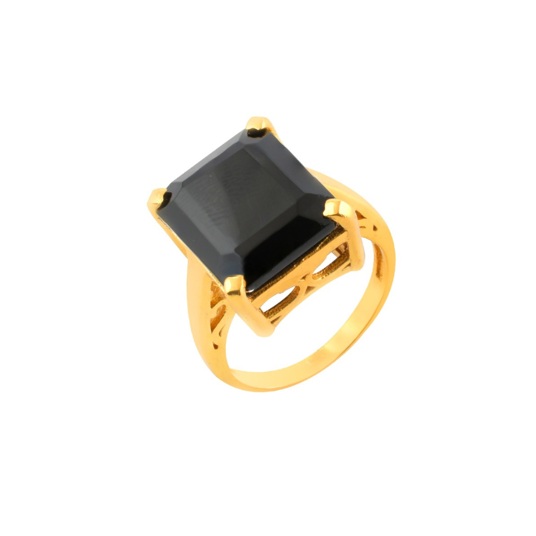 The Claudia Ring by Shyla is a vintage-inspired statement accessory with an ornate gold band and a large rectangular black gemstone set in a four-prong setting.
