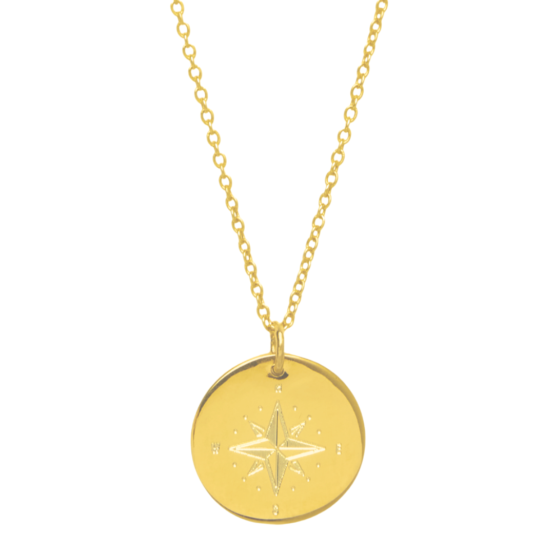 The Symbol Necklace in 9k Gold by Personalised Charms features a round pendant with an eight-pointed star and dot accents, making it a perfect personalized jewelry piece for any occasion.