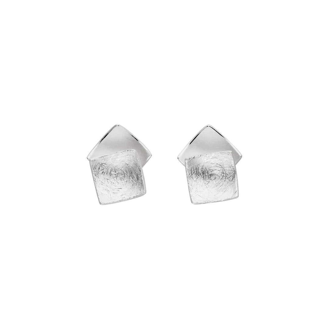 Two overlapping square studs with a concave in the centre. main square features a satin finish.