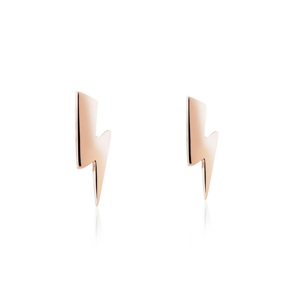 Small Bowie Bolt Earrings in 9ct Rose Gold by Cosmic Boulevard, handmade in a Dublin studio, shown on a white background.