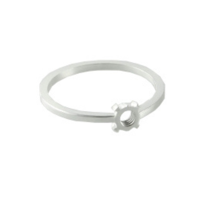 The Fruit Bijoux Minimal Ring Silver by Fruit Bijoux is a delicate sterling silver ring featuring a small gear-shaped ornament on its slim, circular band. The gear adds a unique, industrial touch to the minimalist design. The ring's brushed finish enhances its subtle sheen, making it a subtle yet distinctive accessory in the Fruit Bijoux ring tops collection.