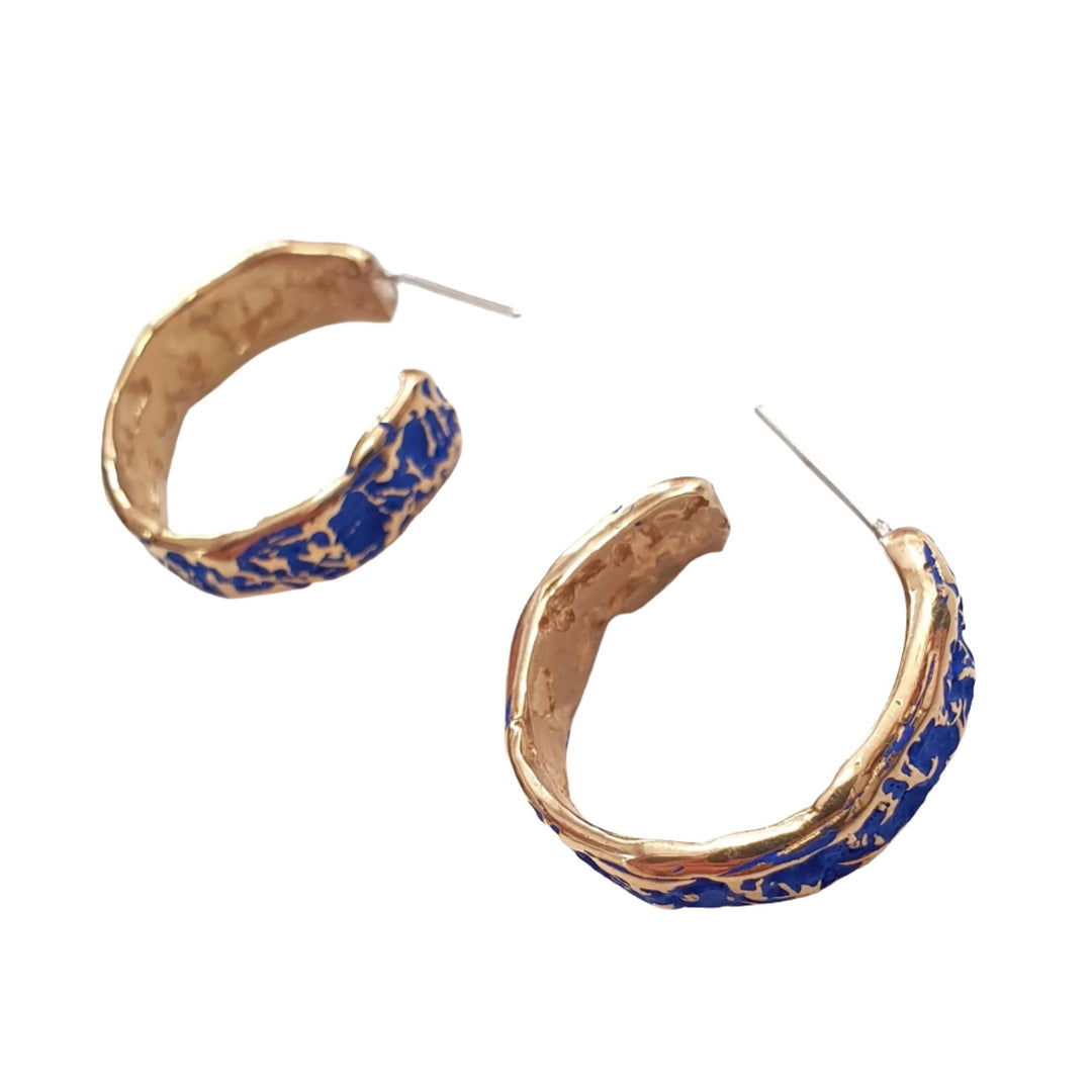 These hoop earrings are designed in gold plated silver with cobalt blue or forest green crackle texture finish and stud back .