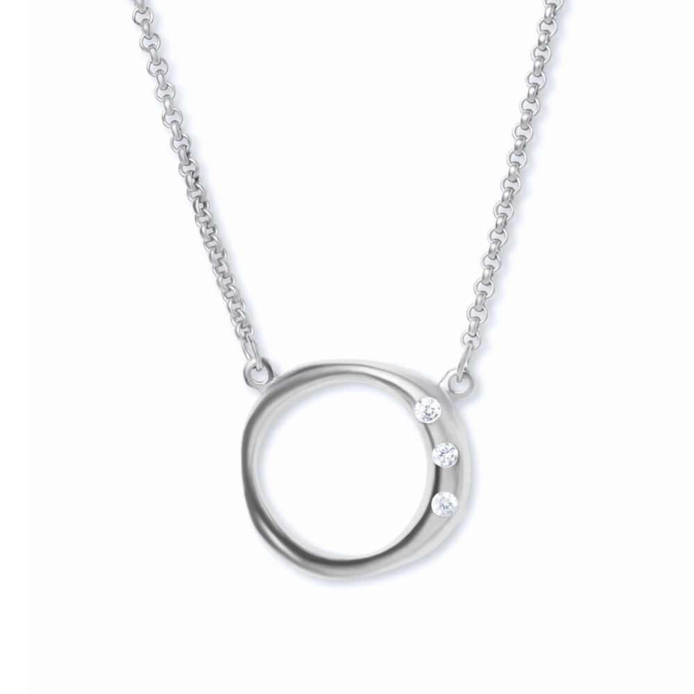 The Cualli Pendant & chain by Gallardo & Blaine Designs is a silver necklace with a circular pendant inspired by Spanish South American jewelry, featuring three round white gemstones set along one side.