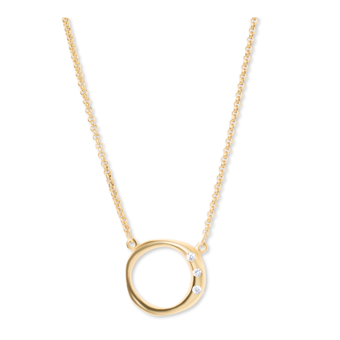 Showcasing the Cualli Pendant & chain by Gallardo & Blaine Designs, this gold necklace features a delicate chain and a circular sterling silver pendant adorned with three sparkling cubic zirconia stones elegantly set along one side. Photographed against a white background.