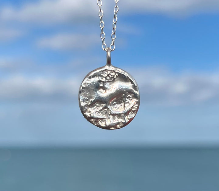 The Dublin Bay Silver Pendant by Ava Jane Jewellery features a handmade Sterling Silver, ancient coin-inspired design on a delicate chain, capturing the timeless beauty of Irish sea jewelry.