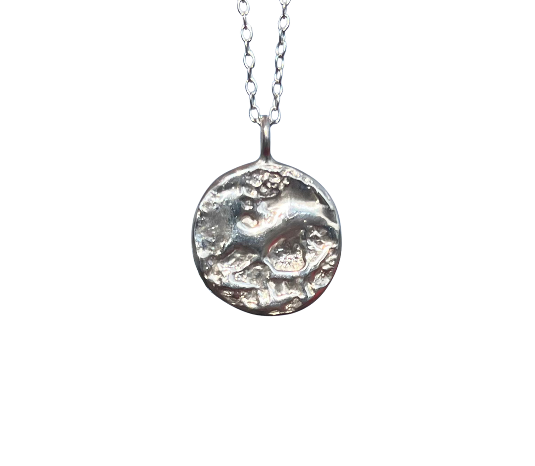 The Dublin Bay Silver Pendant by Ava Jane Jewellery is a handmade sterling silver piece with a raised animal design, displayed on a delicate chain against black—a unique Irish sea jewelry accessory.