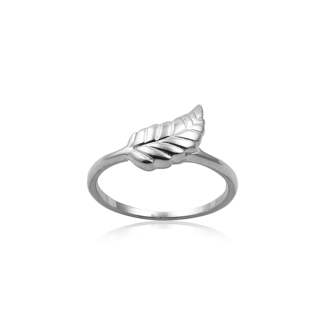 The Autumn Leaf Ring by Watermelon Tropical is a silver ring featuring a single, detailed leaf design atop its thin band. The leaf has an intricate pattern, giving it a realistic appearance. This piece of handmade jewellery is showcased on a white background with a slight reflection below it.