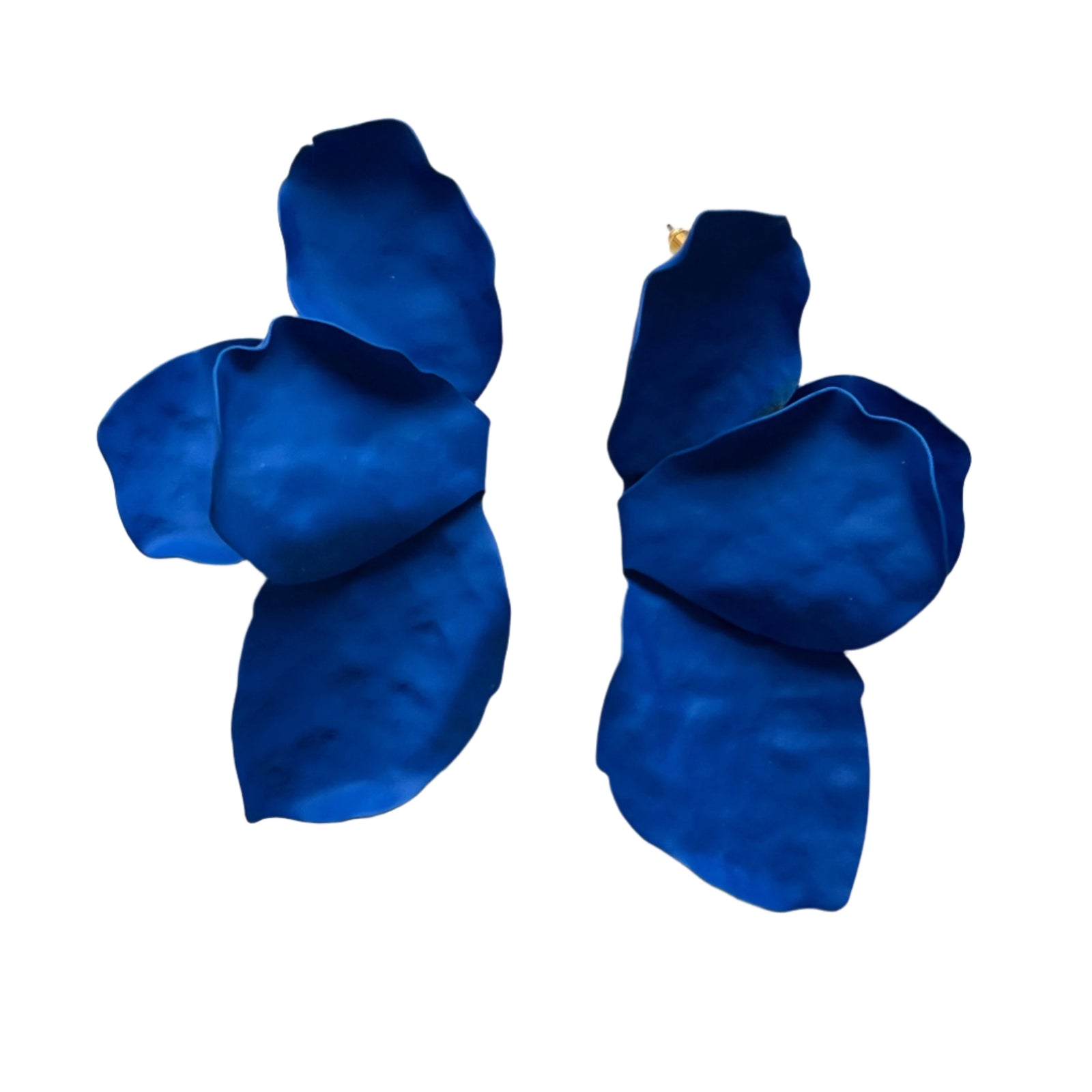 These handmade Bougainvillea Earrings by Kybalion Jewellery feature vibrant blue petals with a textured, organic design. Displayed on a white background, they are nickel-free and showcase intricate beauty.