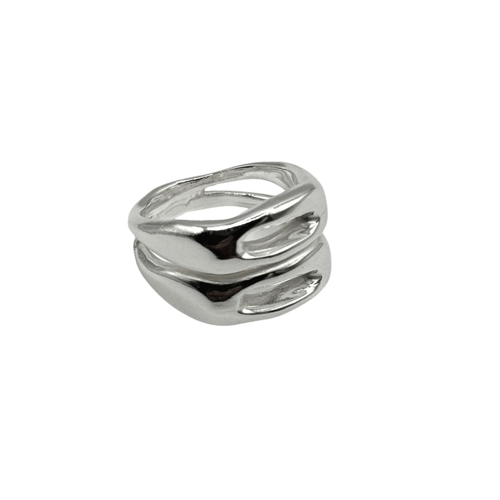 The Souvenir Double Silver Ring by Inó Jewellery showcases two thick, curved bands in a wavy, open design. This handcrafted piece from Dublin is modern and chunky, photographed against a plain white background.