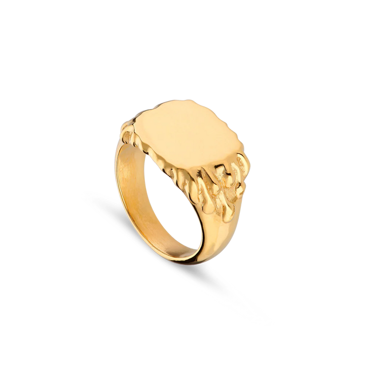 The Drippy Signet Ring from Jane Koenig features a gold-plated, oval-shaped face and a distinctive molten texture on the band and sides, shown against a plain white background.