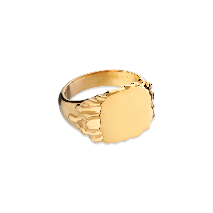 The Jane Koenig Drippy Signet Ring is gold plated with a smooth, round signet face and a sculpted skeleton hand on one side, shown on a plain white background.