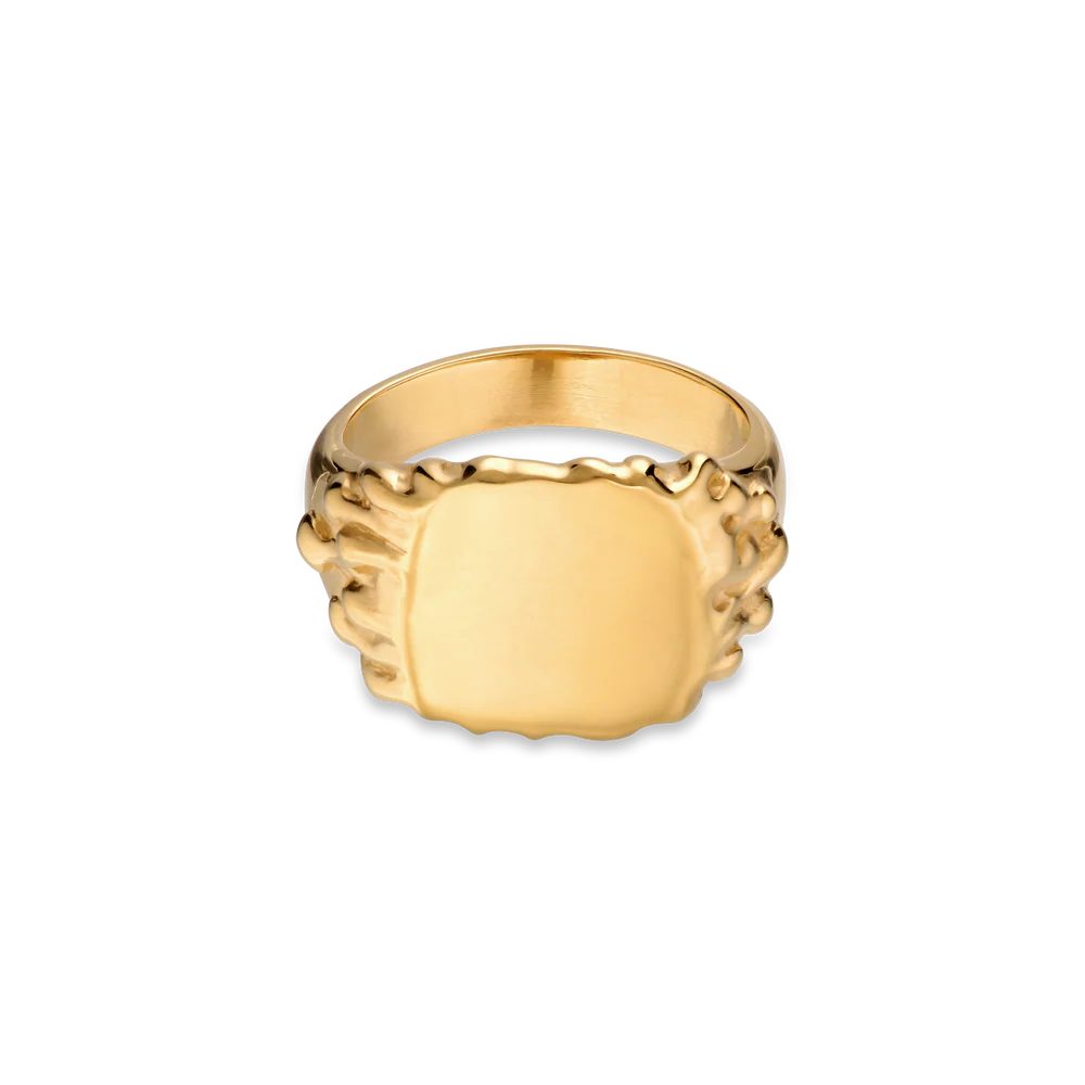 The Jane Koenig Drippy Signet Ring features a gold-plated, oval-shaped face with textured, wavy edges, showcased on a plain white background.