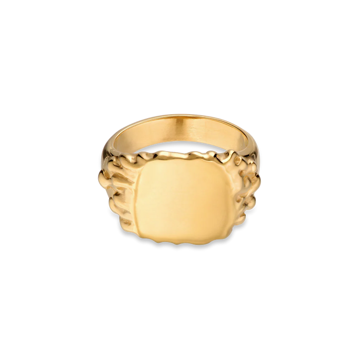 The Jane Koenig Drippy Signet Ring features a gold-plated, oval-shaped face with textured, wavy edges, showcased on a plain white background.