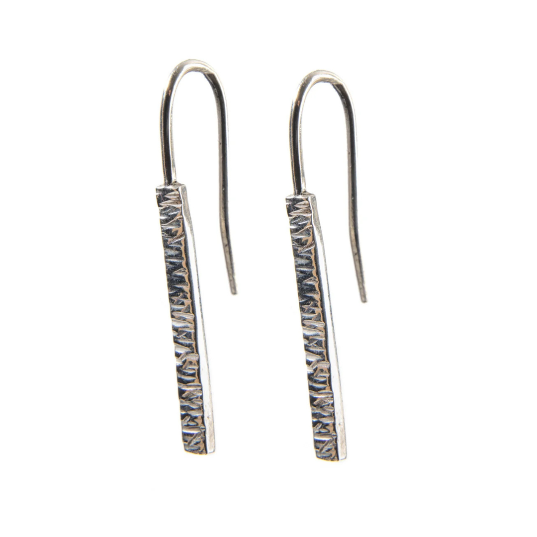 Silver narrow bar drop earring with texture and hook back
