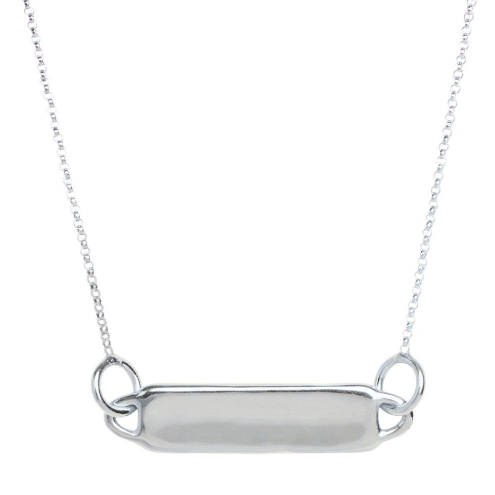 The Collective Dublin's Droplet Bar Necklace features a polished sterling silver rectangular bar pendant on a thin chain, connected by small rings—an elegant choice for an engraved bar necklace.