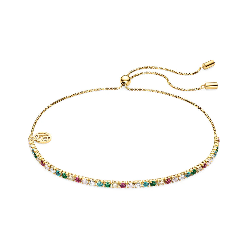 The Sif Jacobs Ellera Tennis Bracelet Gold features a row of multicoloured zirconia, a sliding clasp, and a small gold charm accent.