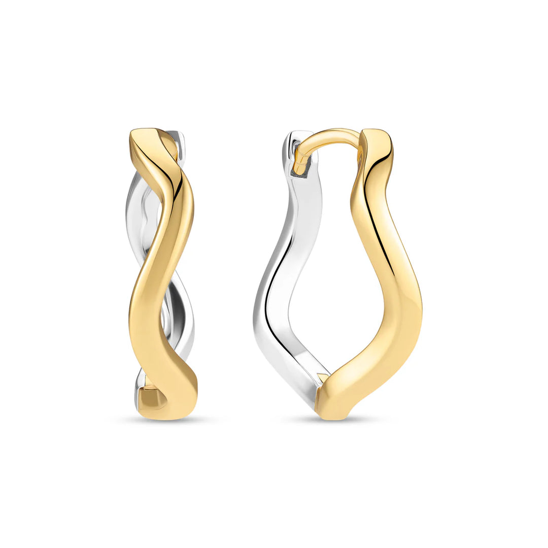 The Sif Jacobs Ellera Waves Pianura Two Tone Hoop Earrings feature a wavy twisted design in polished gold and sterling silver tones, perfect for demi-fine jewellery lovers. Displayed on a white background.