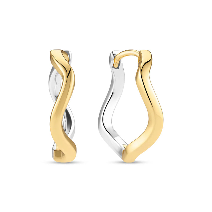 The Sif Jacobs Ellera Waves Pianura Two Tone Hoop Earrings feature a wavy twisted design in polished gold and sterling silver tones, perfect for demi-fine jewellery lovers. Displayed on a white background.