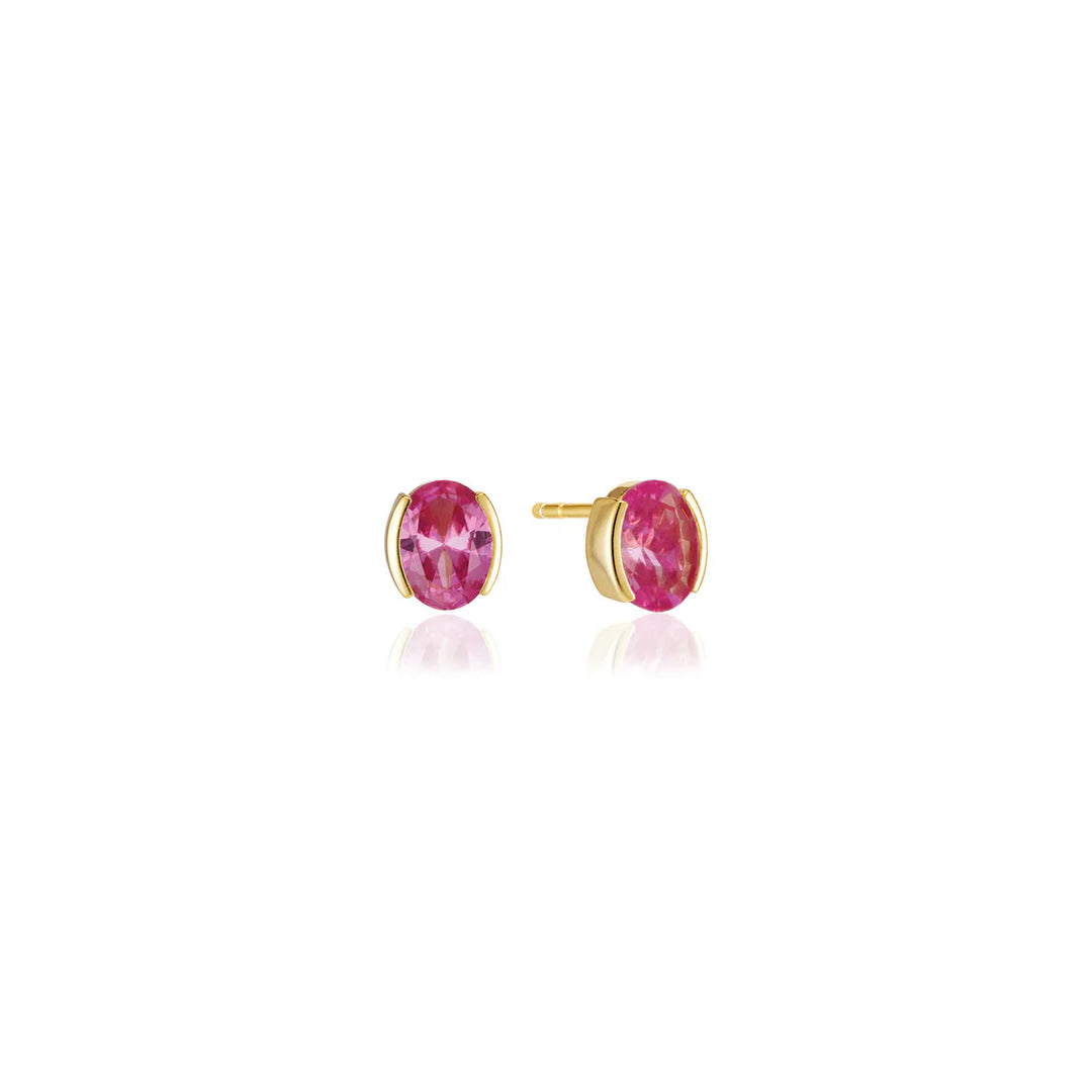 Sif Jacobs Ellisse Carezza Stud Earrings—18k gold plated studs with a single oval faceted pink gemstone—make an elegant addition to your demi-fine jewellery collection, beautifully showcased on a white background.
