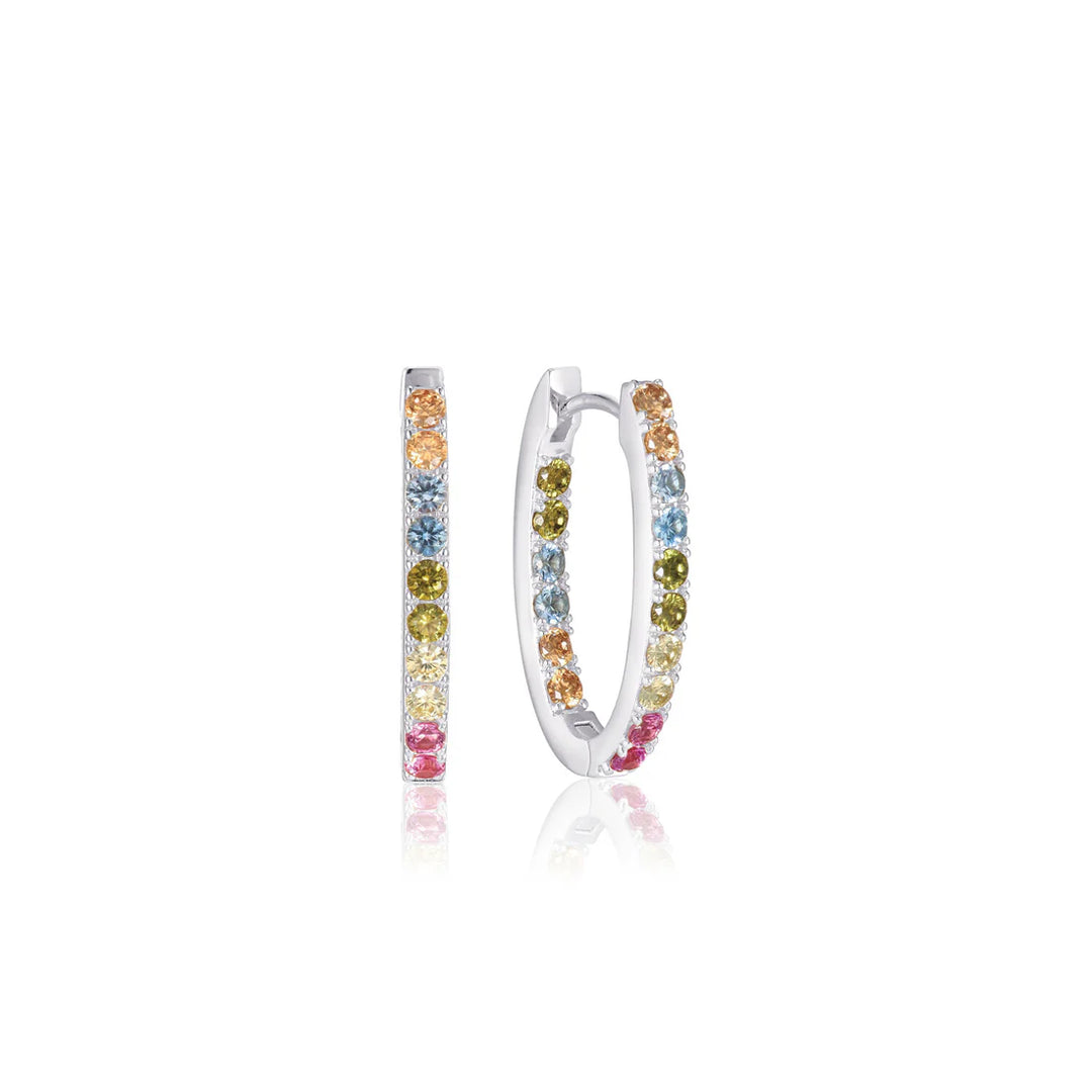 The Sif Jacobs Ellisse Piccolo Oval Hoop Earrings, crafted from 925 sterling silver, feature small round gemstones in pink, yellow, green, orange, and blue, shown against a white background.