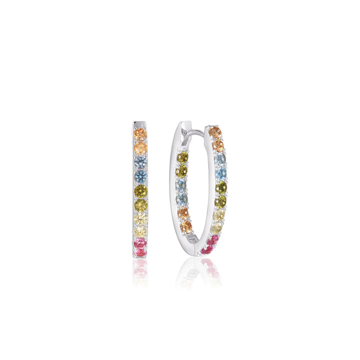 The Sif Jacobs Ellisse Piccolo Oval Hoop Earrings, crafted from 925 sterling silver, feature small round gemstones in pink, yellow, green, orange, and blue, shown against a white background.