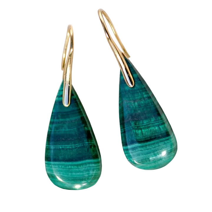 malachite teardrop earrings with gold hooks on a white fabric background