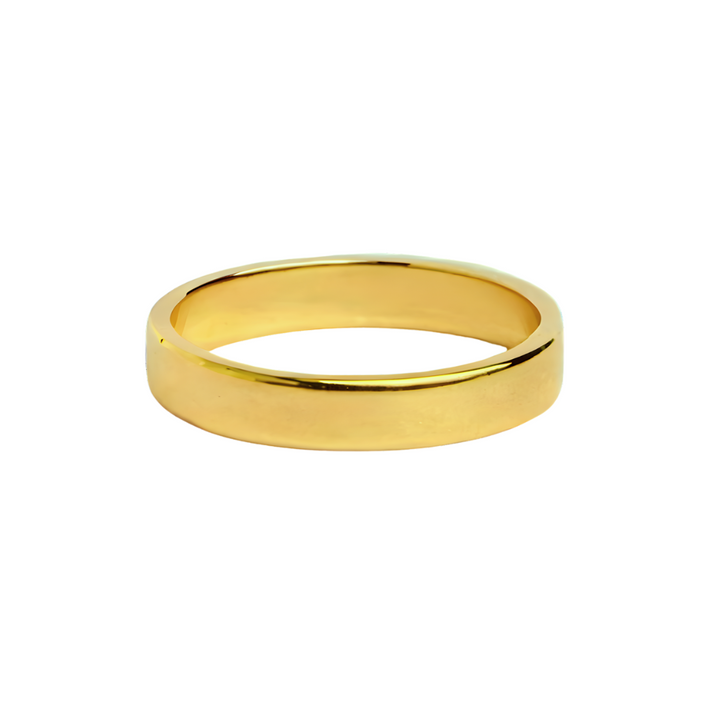 The Collective Dublin's 4mm Classic Plain Wedding Band features a sleek, shiny gold court shape on a white background—perfect as a wedding ring. For the perfect fit, use our ring sizing kit.