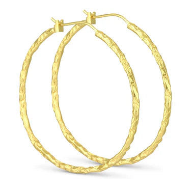 Foil Gold Hoops by Watermelon tropical are large, hammered 24K gold plated earrings with latch-back closures, shown on a white background.