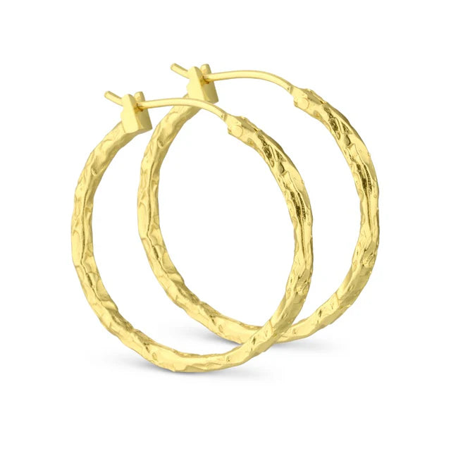 The Watermelon tropical Foil Gold Hoops are 24K gold plated Creole earrings with a hammered textured finish and secure latch-back closures, displayed against a plain white background.