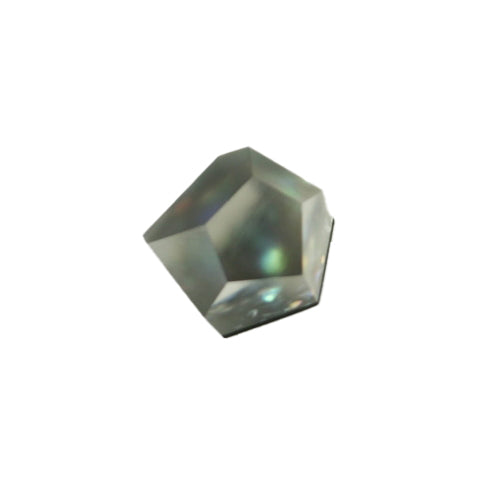 A faceted, transparent gemstone with an iridescent sheen, displaying a range of reflective colors. The gem has a geometric shape and appears to be floating against a white background, resembling an exquisite Fruit Bijoux Ring Top Ghost set in Sterling silver or 24ct gold-plated elegance.