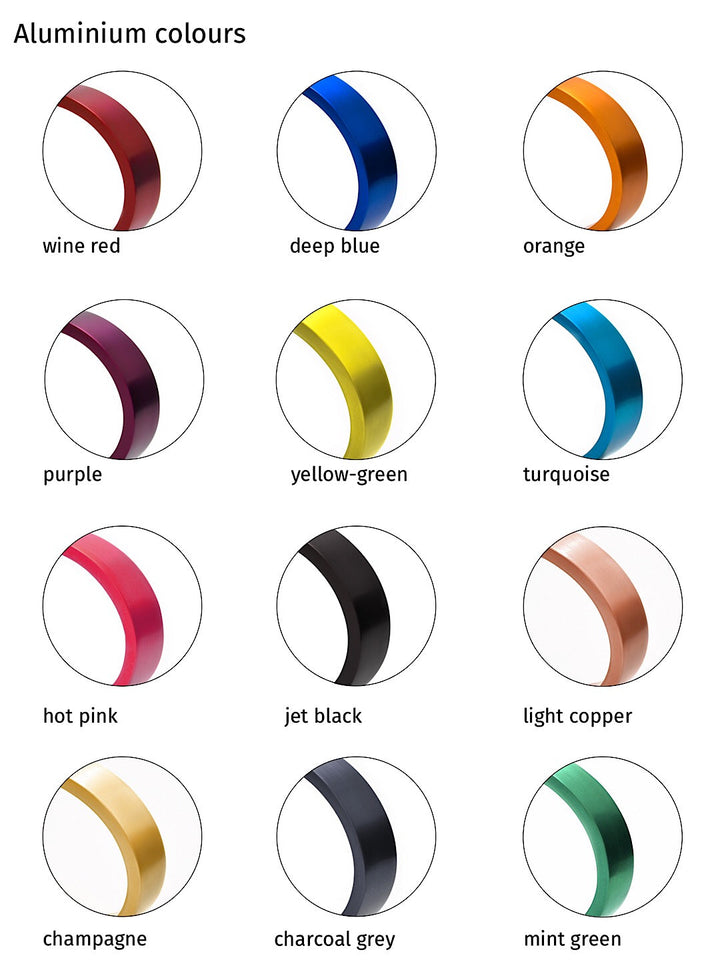 A chart displaying 12 different anodized aluminum colors of the Small Navette Drop Earrings by Filip Vanas. The colors shown are wine red, deep blue, orange, purple, yellow-green, turquoise, hot pink, jet black, light copper, champagne, charcoal grey, and mint green. Each color is represented by a circular swatch.