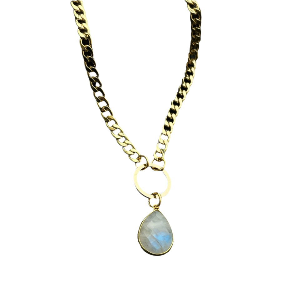 18ct gold plated curb chain necklace with teardrop shaped faceted moonstone.