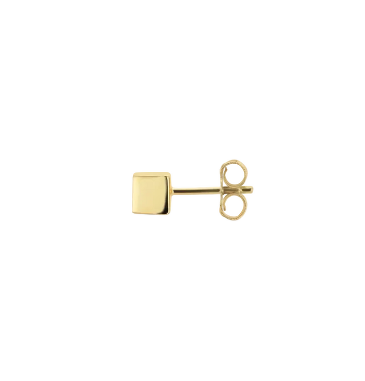 A single gold stud earring with a polished square-shaped face and a butterfly clutch back, shown against a solid white background.