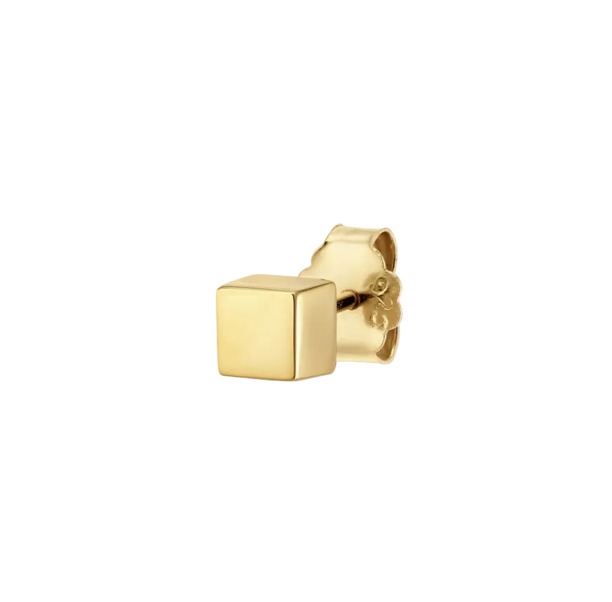 A  gold cube stud earrings shown from a three-quarter angle against a solid white background.