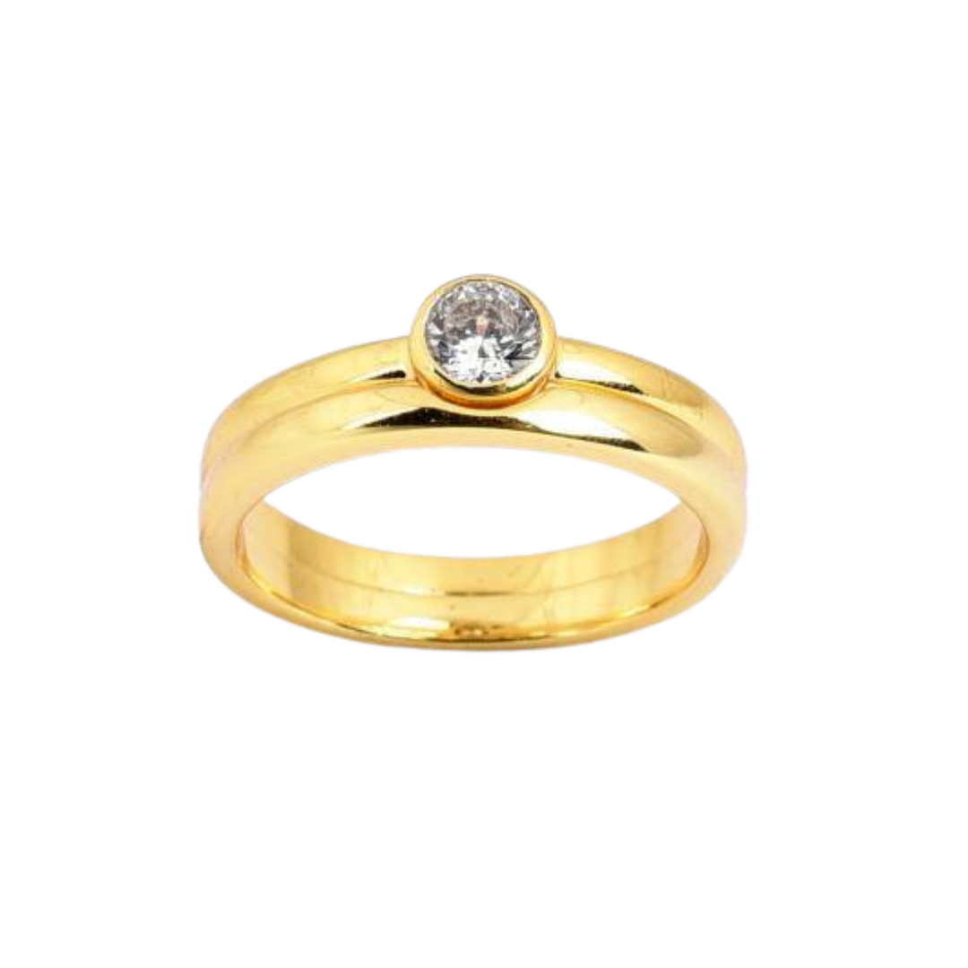 The Gold & Cubic Zirconia Ring Stack by Watermelon tropical features a smooth gold band with a bezel-set round cubic zirconia—ideal for wearing solo or stacking with other rings.