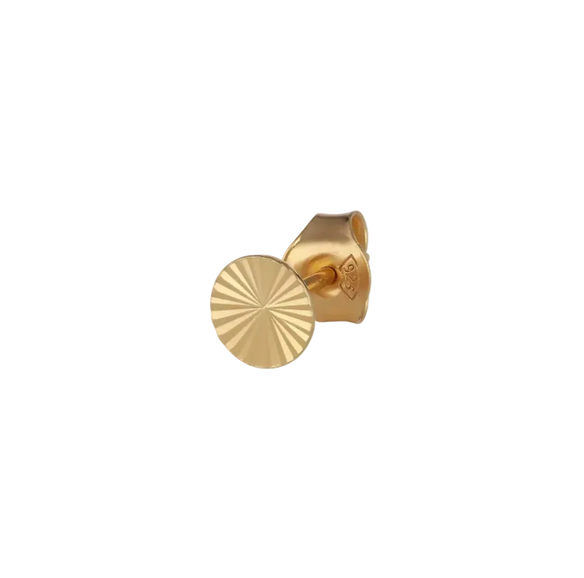 A gold embossed round stud earring on a plain white background.